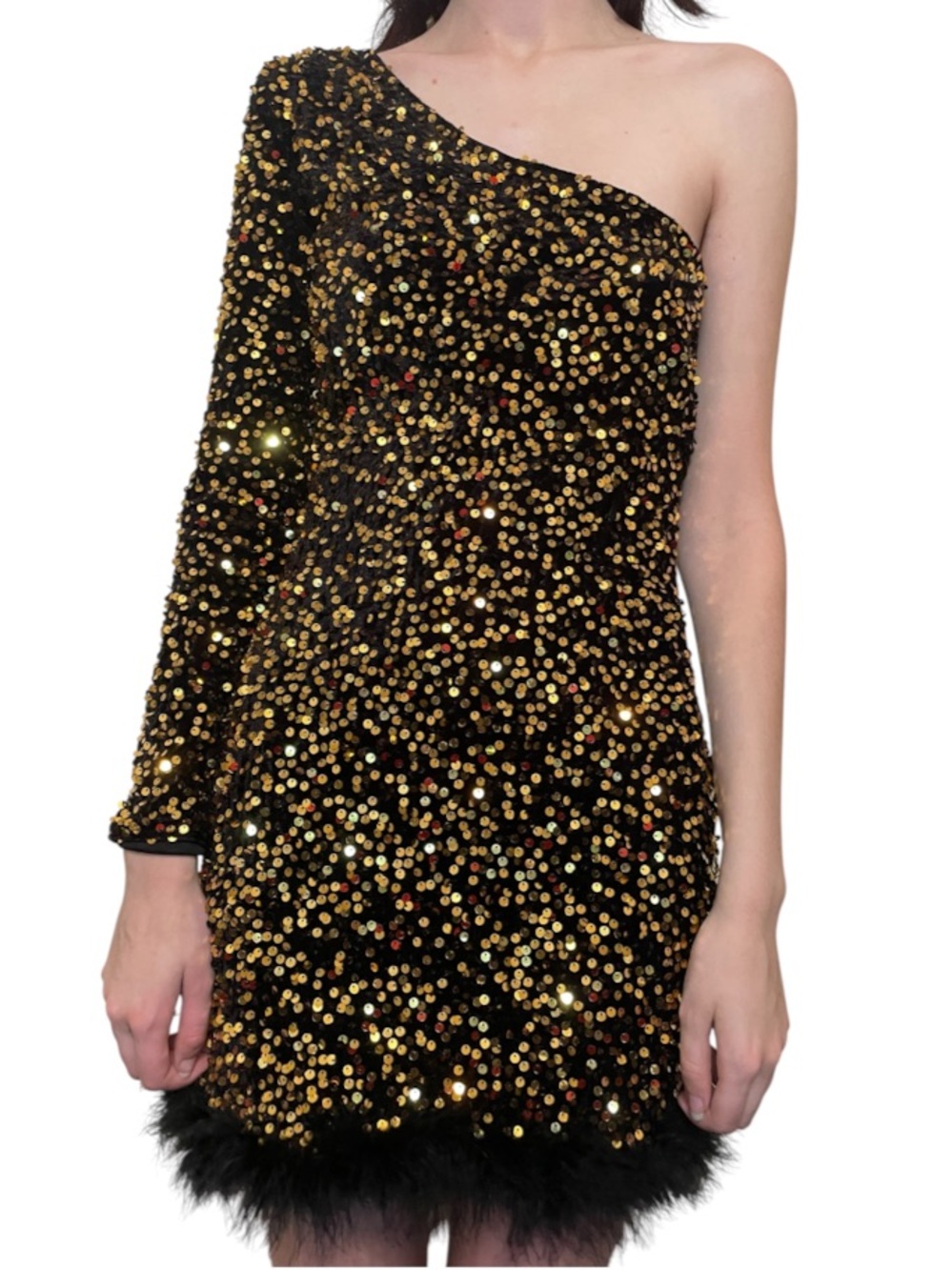 One-Shoulder Black Dress w/ Gold Sequin Embellishment marabou feather hem Small